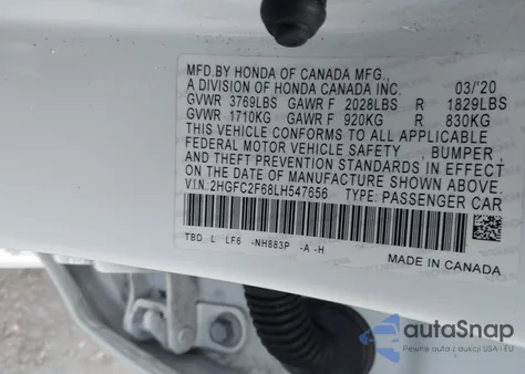 2020 Honda Civic Lx из США, поврежденный, VIN 2HGFC2F68LH547656